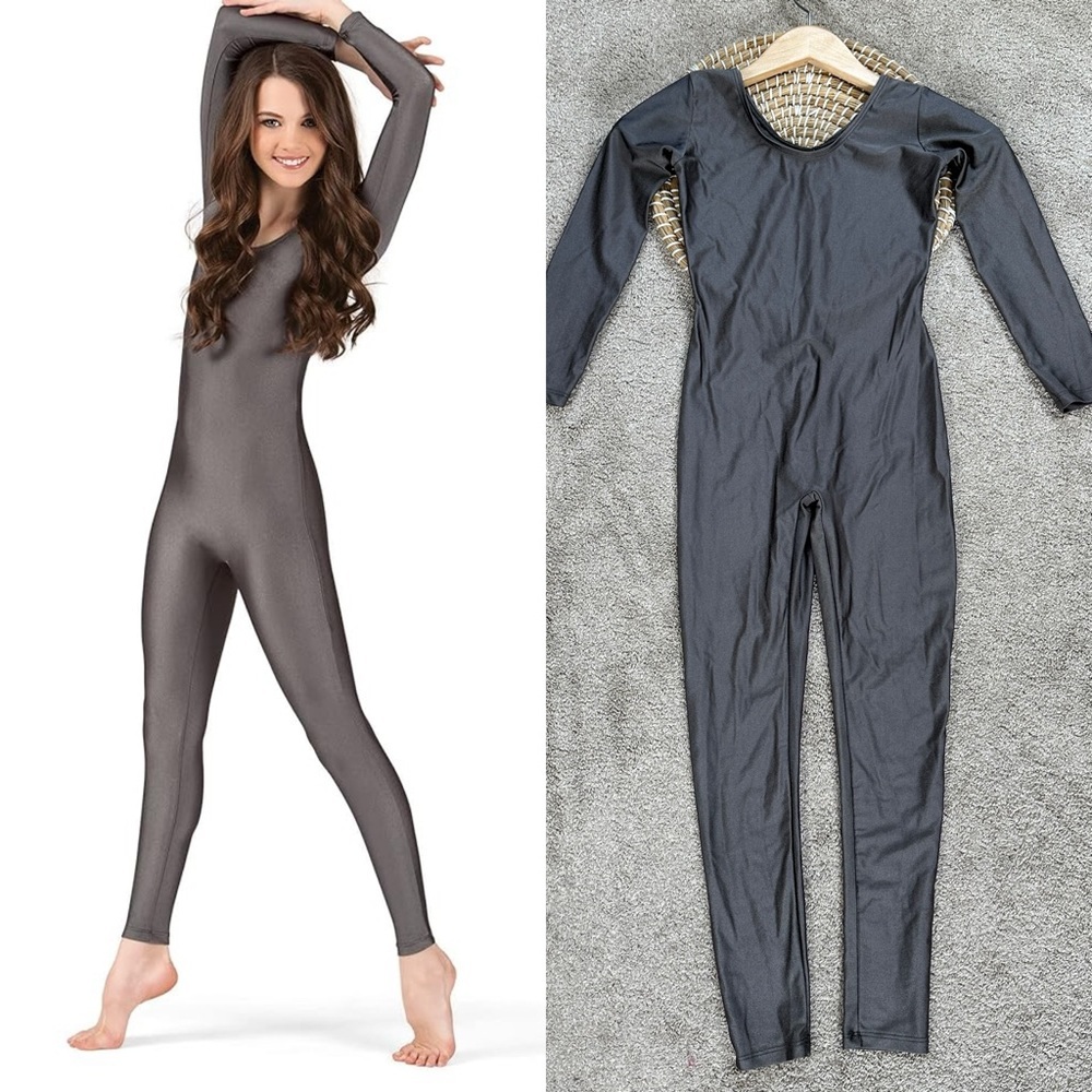 Baltogs Kids Girls Scoop Neck Nylon Long Sleeve Unitard Dacewear Charcoal 12/14